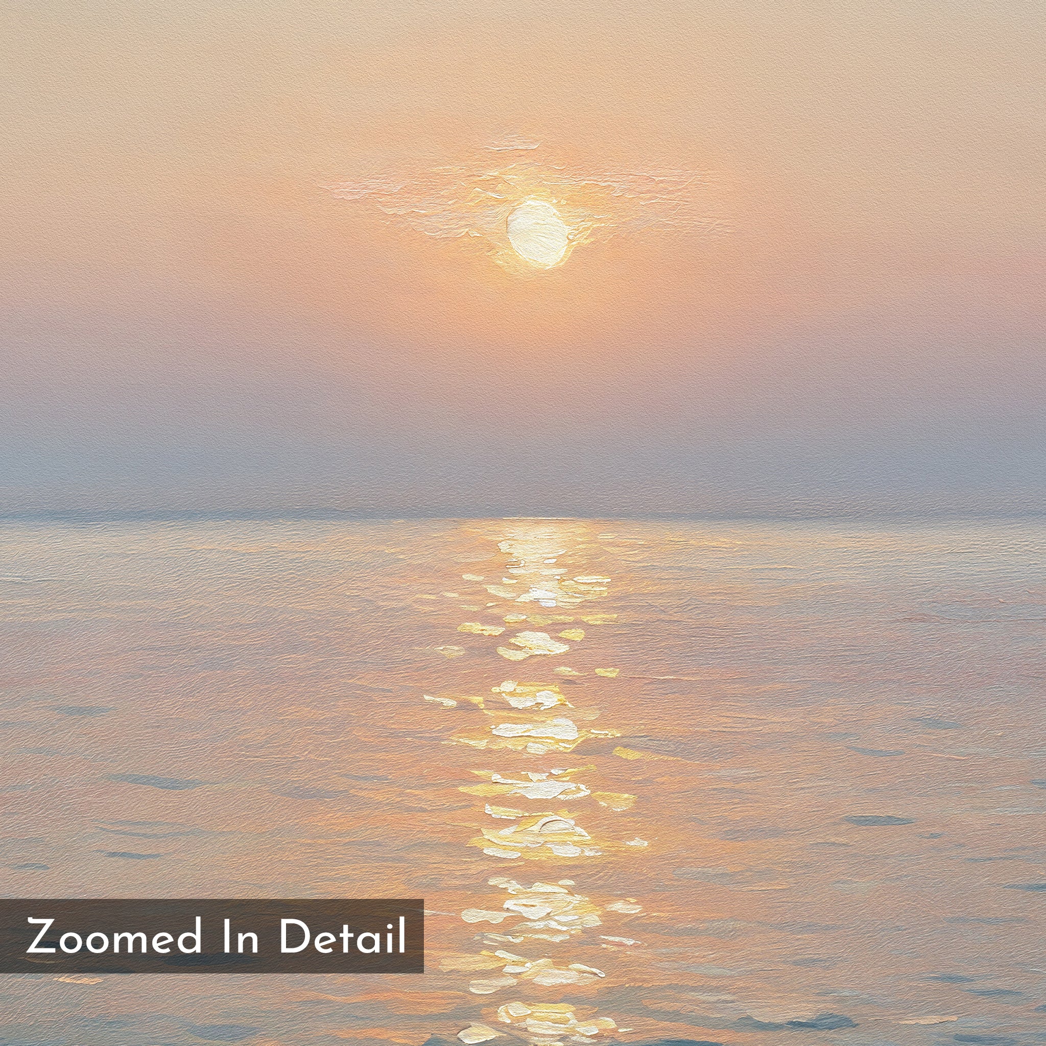 A serene, pastel-hued sunset over calm water with the sun’s golden shimmer. Ideal as tranquil decor or a Golden Reflection Canvas Art - Horizontal print. “Zoomed In Detail” is noted in the corner.