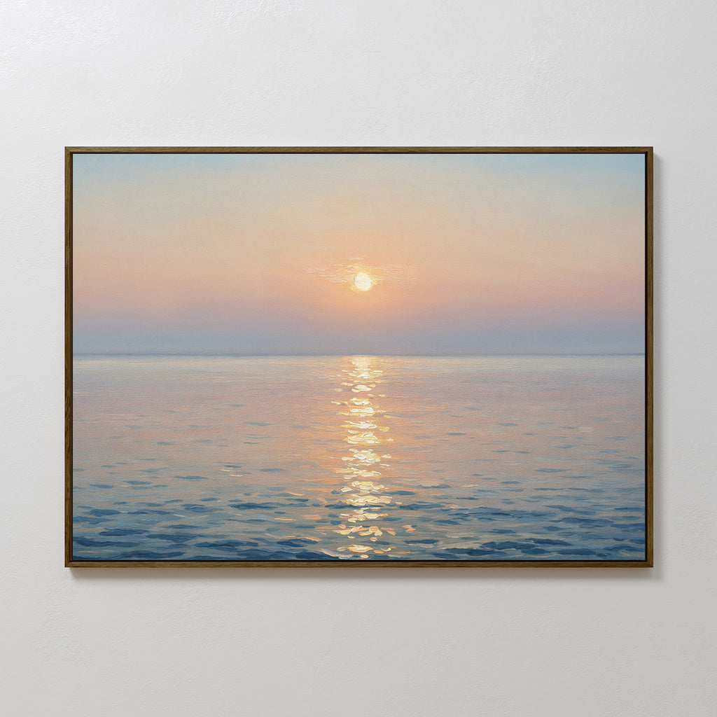 The Golden Reflection Canvas Art - Horizontal features a serene ocean scene at sunrise or sunset, with sunlight reflecting on peaceful waves—an ideal addition for tranquil home decor.
