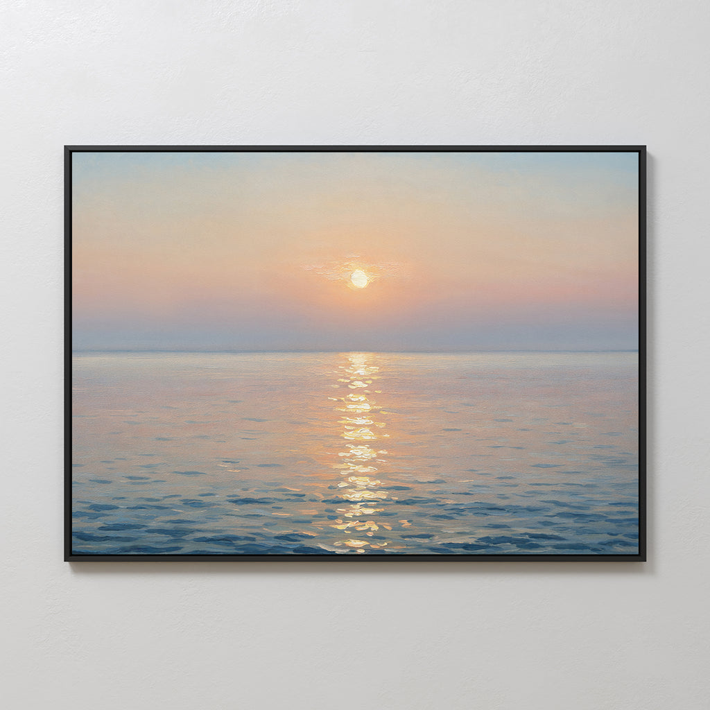 The Golden Reflection Canvas Art - Horizontal features a calm ocean at sunrise or sunset, with pastel skies and shimmering waves, bringing tranquil decor to any light-colored wall.