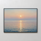 The Golden Reflection Canvas Art - Horizontal features a calm ocean at sunrise or sunset, with pastel skies and shimmering waves, bringing tranquil decor to any light-colored wall.