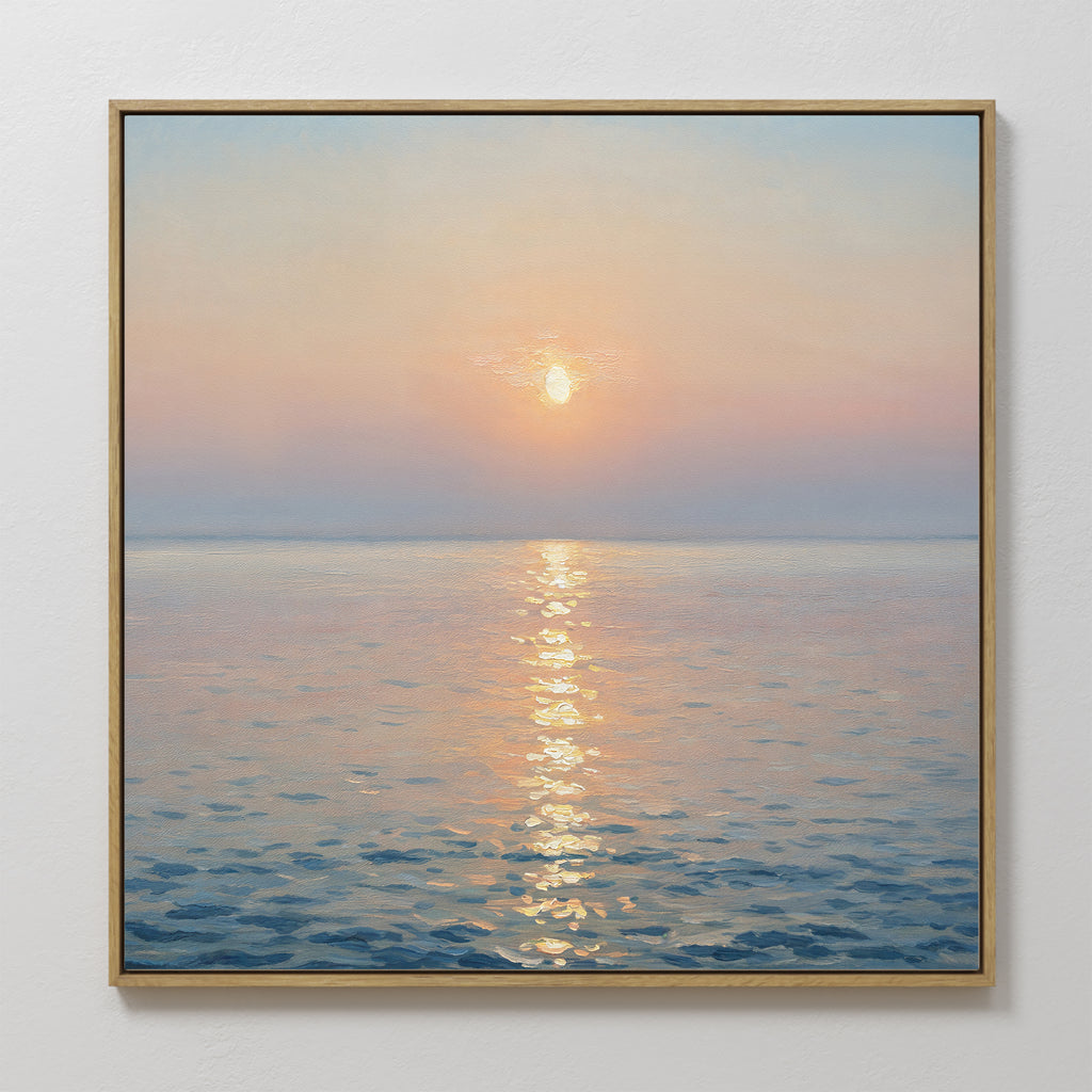 The Golden Reflection Canvas Art - Square features a serene sunrise over calm water with pastel skies and shimmering golden reflections, creating a peaceful mood—perfect as golden reflection wall art or tranquil bedroom decor.