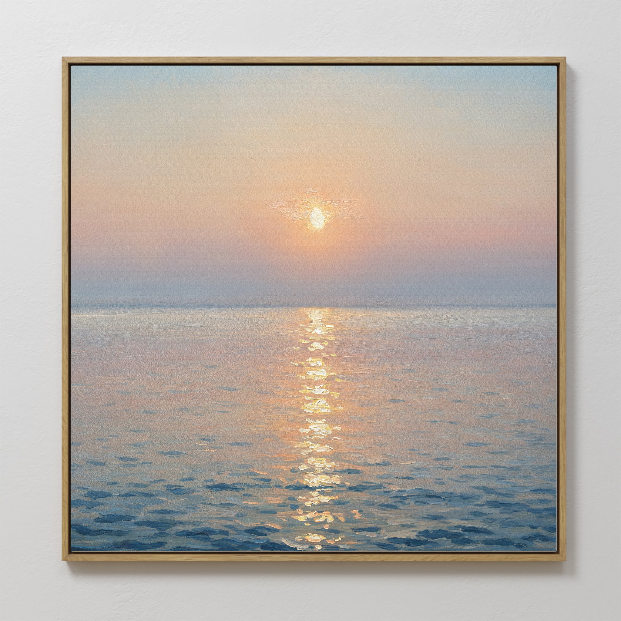 The Golden Reflection Canvas Art - Square features a serene sunrise over calm water with pastel skies and shimmering golden reflections, creating a peaceful mood—perfect as golden reflection wall art or tranquil bedroom decor.
