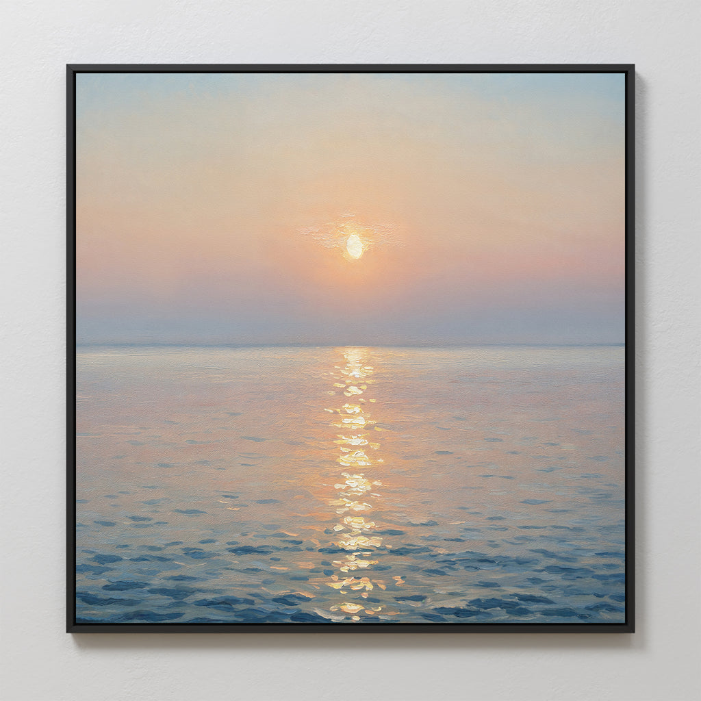 The Golden Reflection Canvas Art - Square features a serene sunset over a calm ocean, with golden light on gentle waves in soft pastels—ideal tranquil décor for your bedroom.