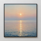 The Golden Reflection Canvas Art - Square features a serene sunset over a calm ocean, with golden light on gentle waves in soft pastels—ideal tranquil décor for your bedroom.