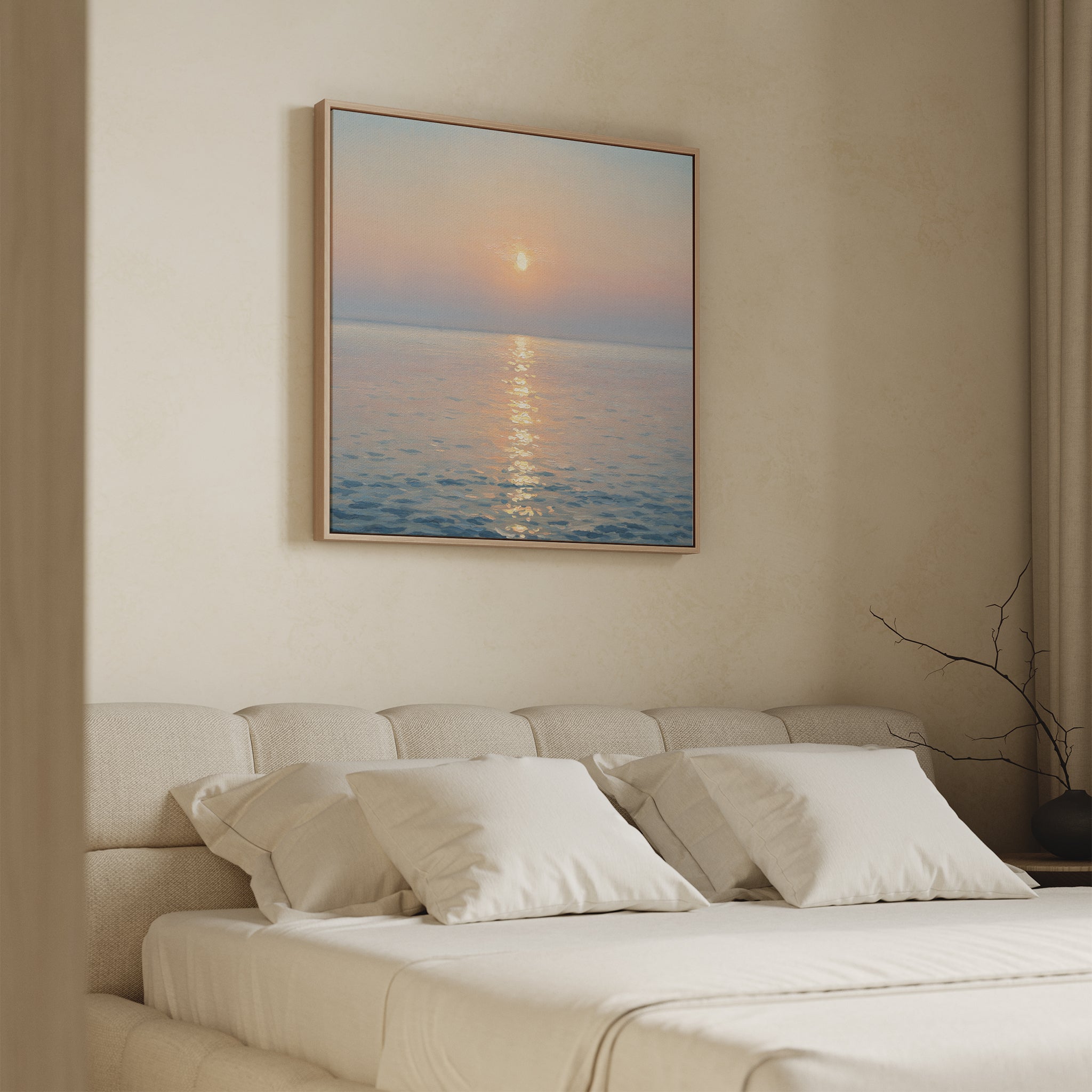 A minimal bedroom features a beige upholstered bed with white pillows. Above, the Golden Reflection Canvas Art - Square adds calming hues, while neutral walls and soft lighting create a tranquil, inviting retreat.