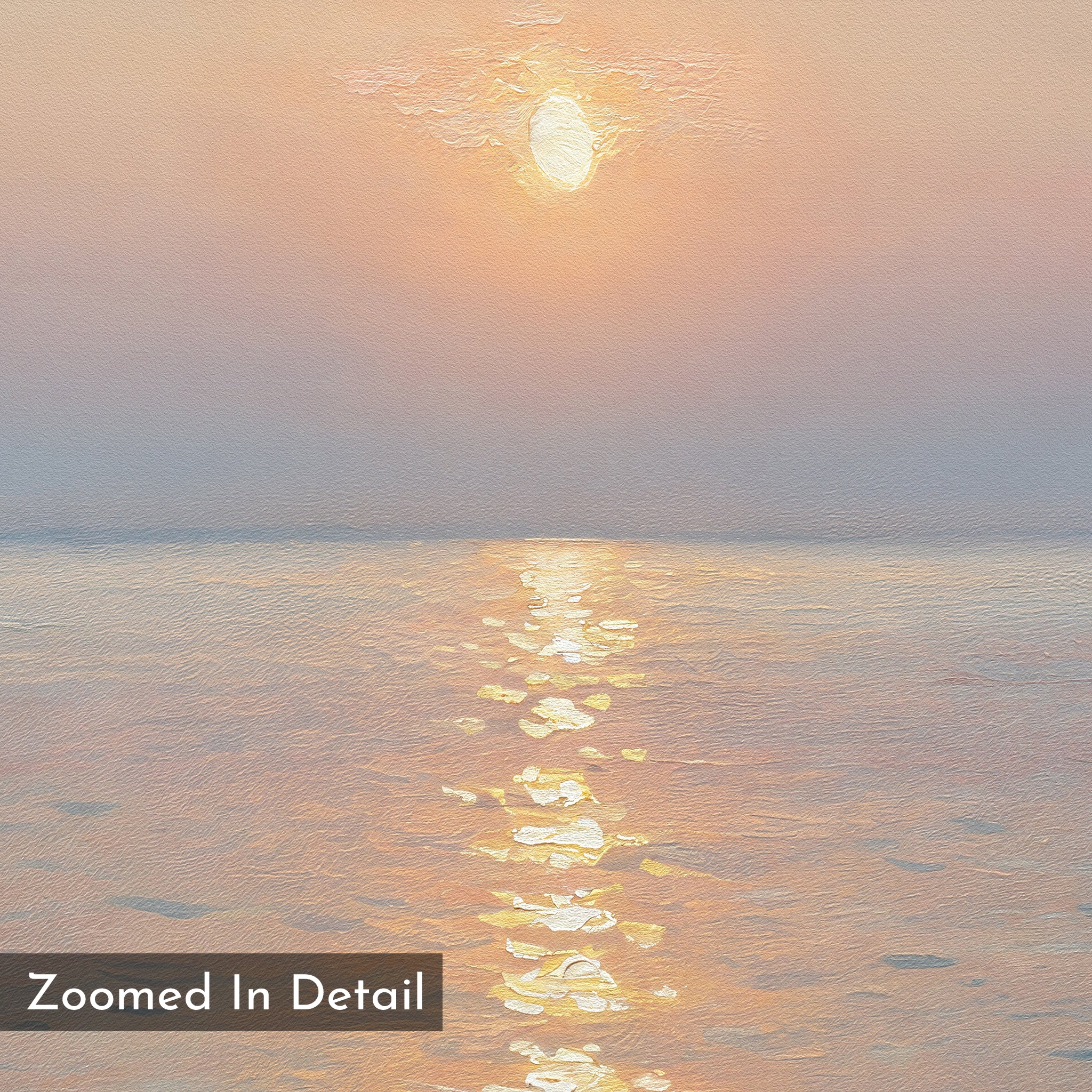 The Golden Reflection Canvas Art - Square features a soft, pastel sunrise or sunset over calm water with the sun’s golden reflection. Gentle color blends make it ideal for tranquil bedroom decor. “Zoomed In Detail” text appears in the corner.