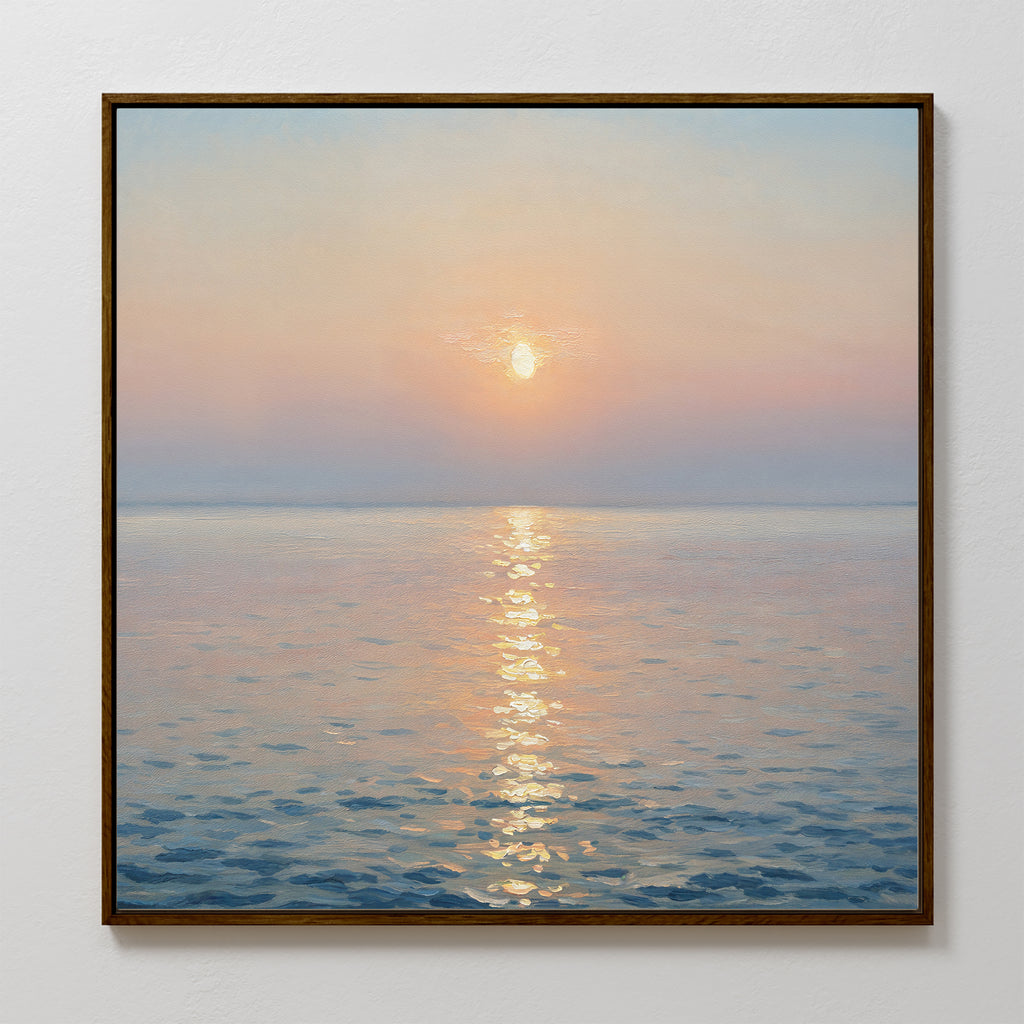 Golden Reflection Canvas Art - Square features a serene sunset over a calm sea, with golden light on the water and a hazy sky—ideal tranquil decor for your bedroom.
