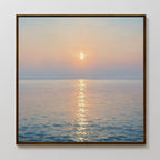 Golden Reflection Canvas Art - Square features a serene sunset over a calm sea, with golden light on the water and a hazy sky—ideal tranquil decor for your bedroom.