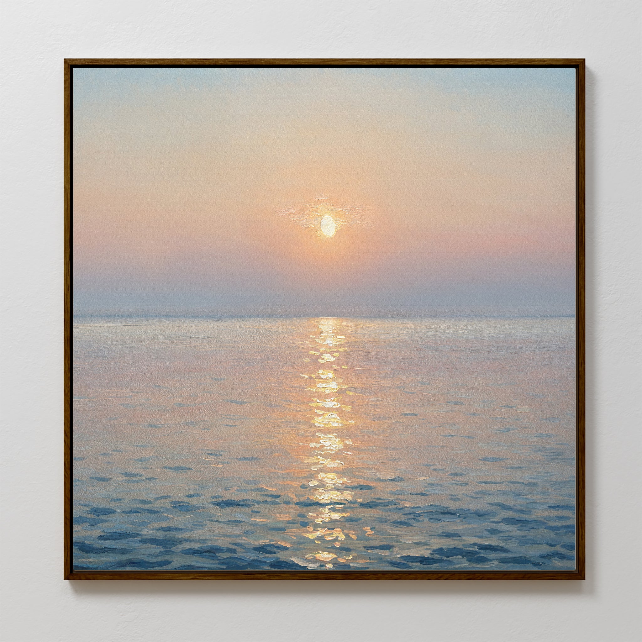 Golden Reflection Canvas Art - Square features a serene sunset over a calm sea, with golden light on the water and a hazy sky—ideal tranquil decor for your bedroom.