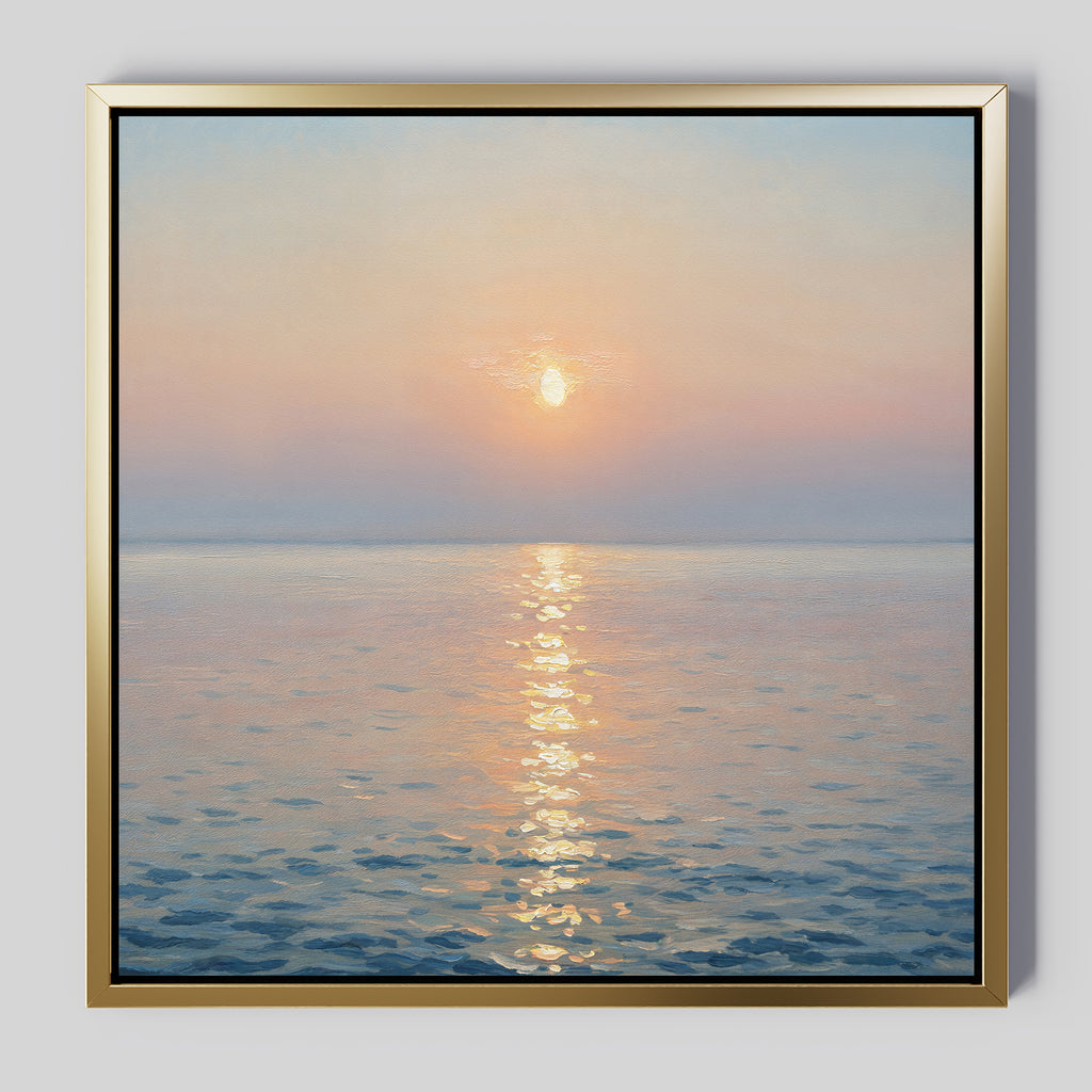 The Golden Reflection Canvas Art - Square features a calm sea at sunset with soft pastels, a glowing sun on the horizon, and golden reflections—ideal for tranquil bedroom decor.