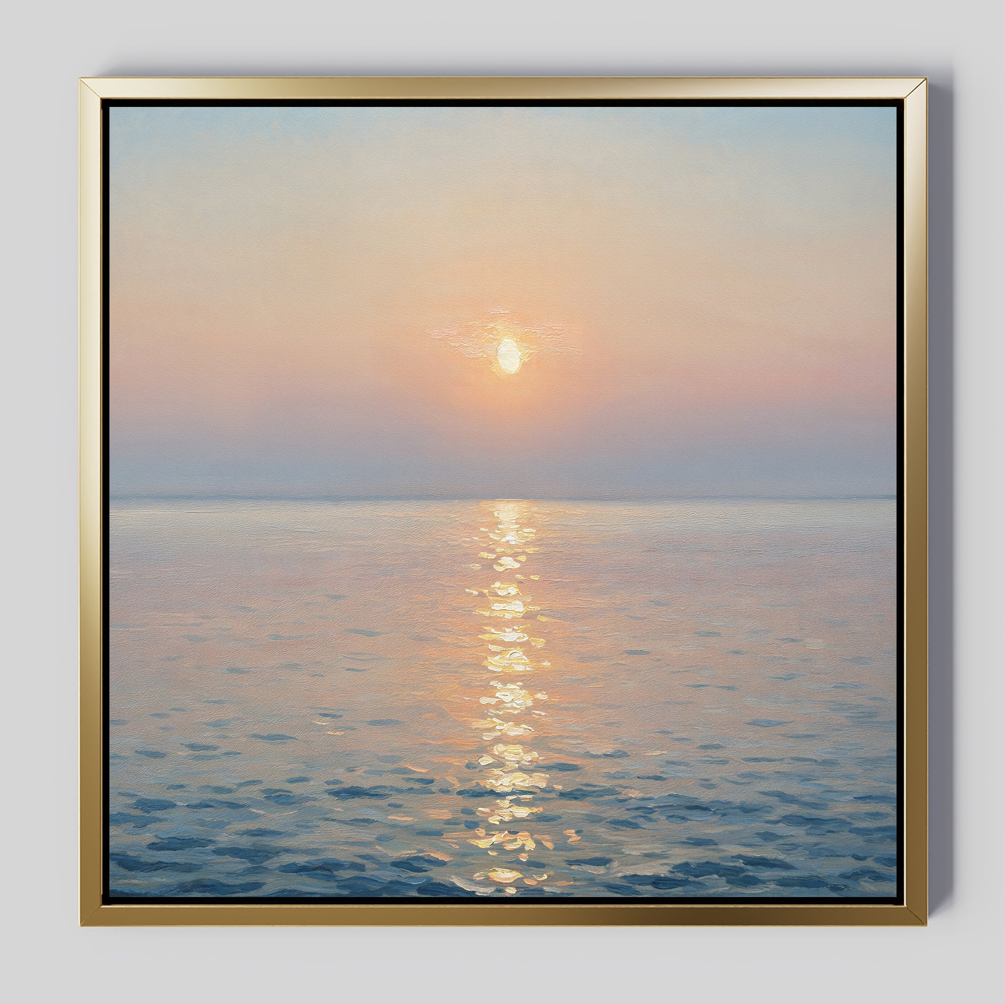 The Golden Reflection Canvas Art - Square features a calm sea at sunset with soft pastels, a glowing sun on the horizon, and golden reflections—ideal for tranquil bedroom decor.