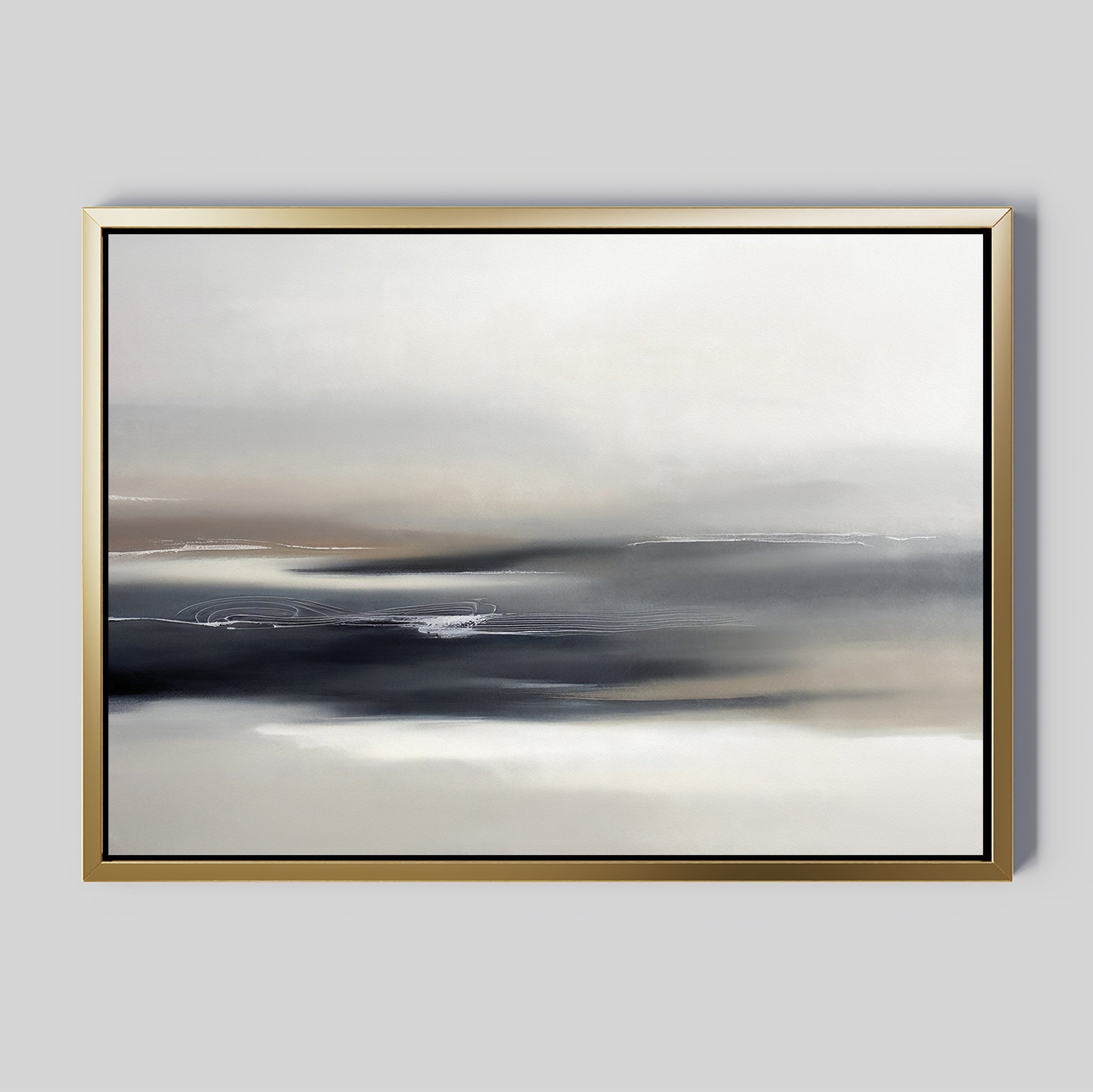 The Grey Ripples Canvas Art - Horizontal features a minimalist abstract design with soft gradients of white, gray, black, and beige. Its tranquil landscape and subtle lines make it perfect for modern living rooms. Gold frame included.
