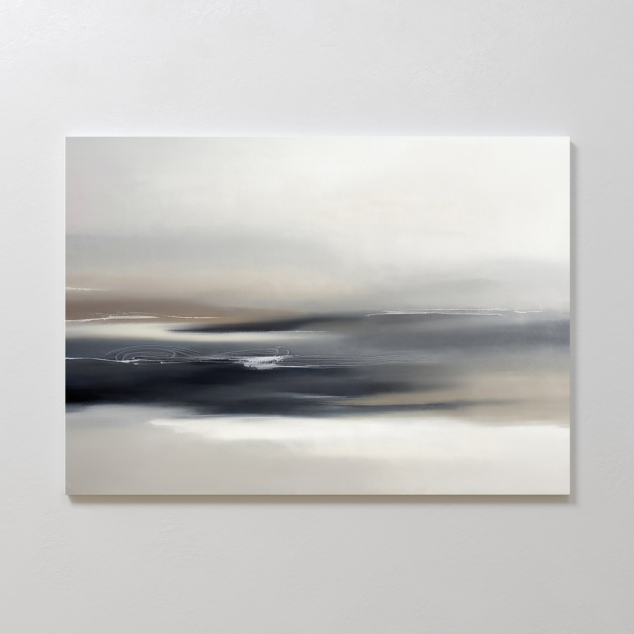 Grey Ripples Canvas Art - Horizontal features soft, blended tones of white, gray, beige, and black with subtle horizontal brushstrokes for a misty, serene look—ideal minimalist wall art for modern living rooms seeking calming decor.