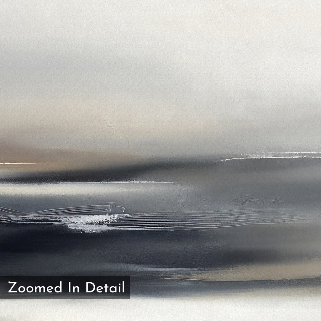 The Grey Ripples Canvas Art - Horizontal features abstract, neutral-toned gradients of gray, white, and beige with soft lines and wavy white streaks. Perfect as a minimalist modern living room print. "Zoomed In Detail" label in the corner.