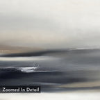 The Grey Ripples Canvas Art - Horizontal features abstract, neutral-toned gradients of gray, white, and beige with soft lines and wavy white streaks. Perfect as a minimalist modern living room print. "Zoomed In Detail" label in the corner.