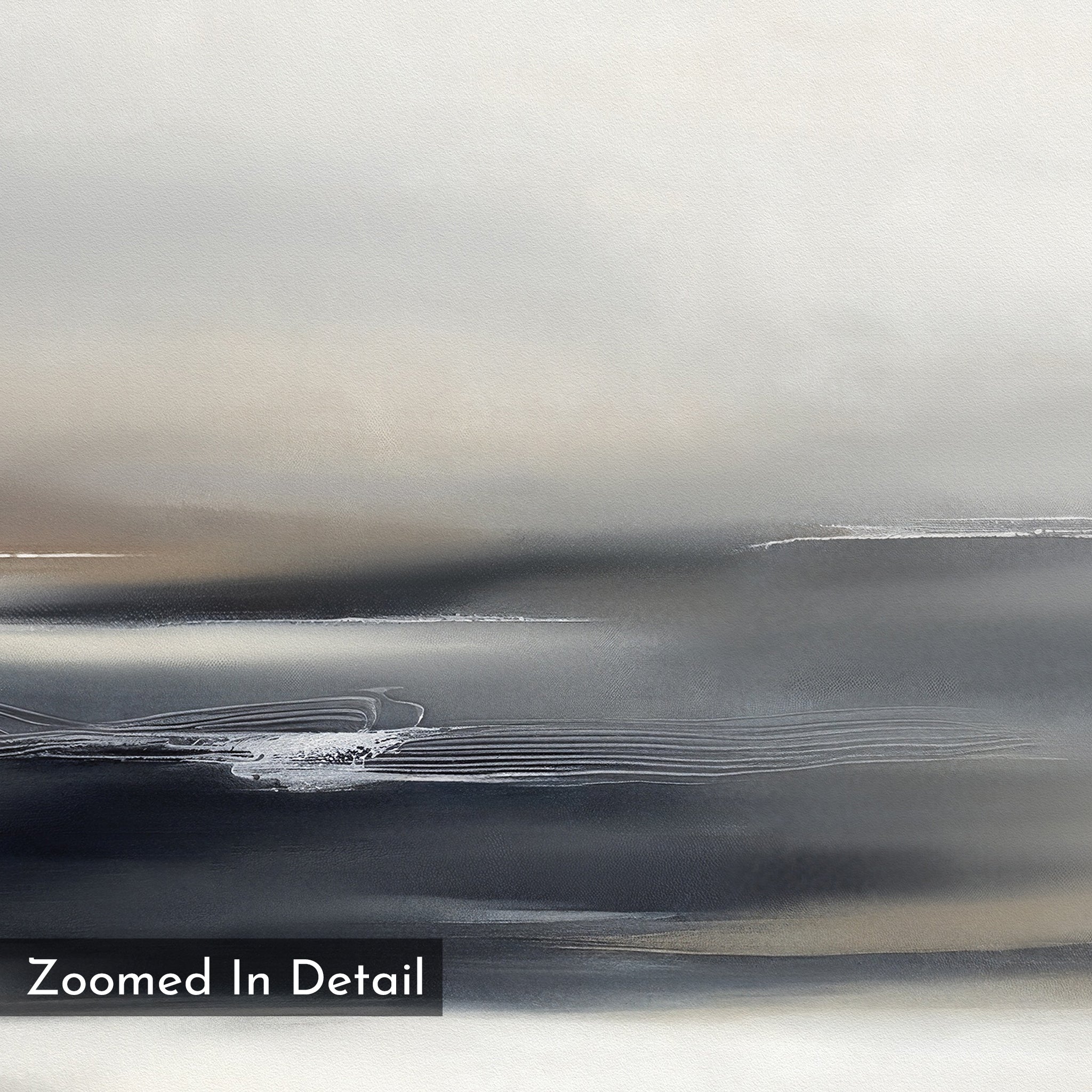 The Grey Ripples Canvas Art - Horizontal features abstract, neutral-toned gradients of gray, white, and beige with soft lines and wavy white streaks. Perfect as a minimalist modern living room print. "Zoomed In Detail" label in the corner.