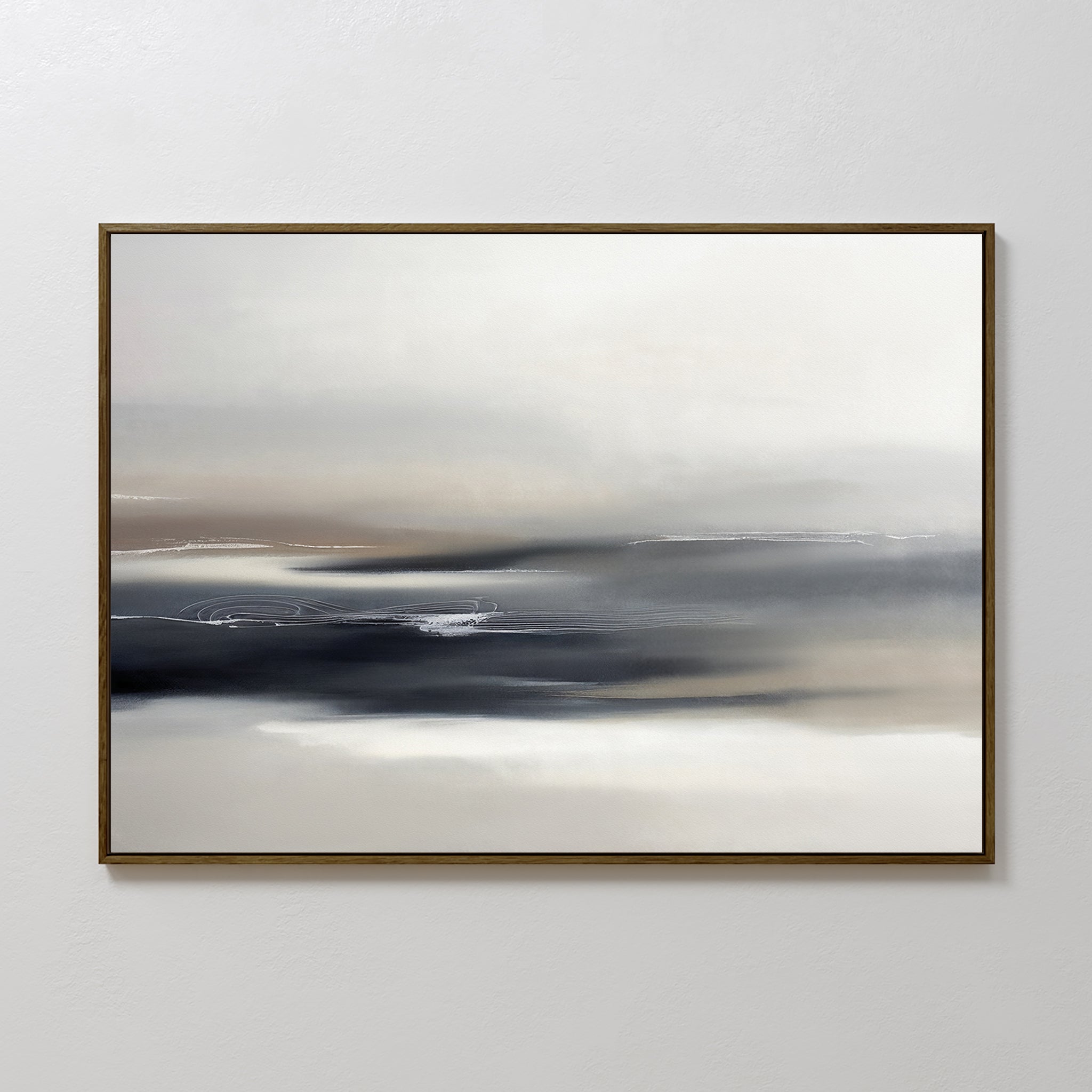 Grey Ripples Canvas Art - Horizontal features soft gradients and blurred lines in a thin, dark frame. This minimalist piece brings calming, misty tones—an ideal abstract artwork to elevate modern living rooms with subtle sophistication.