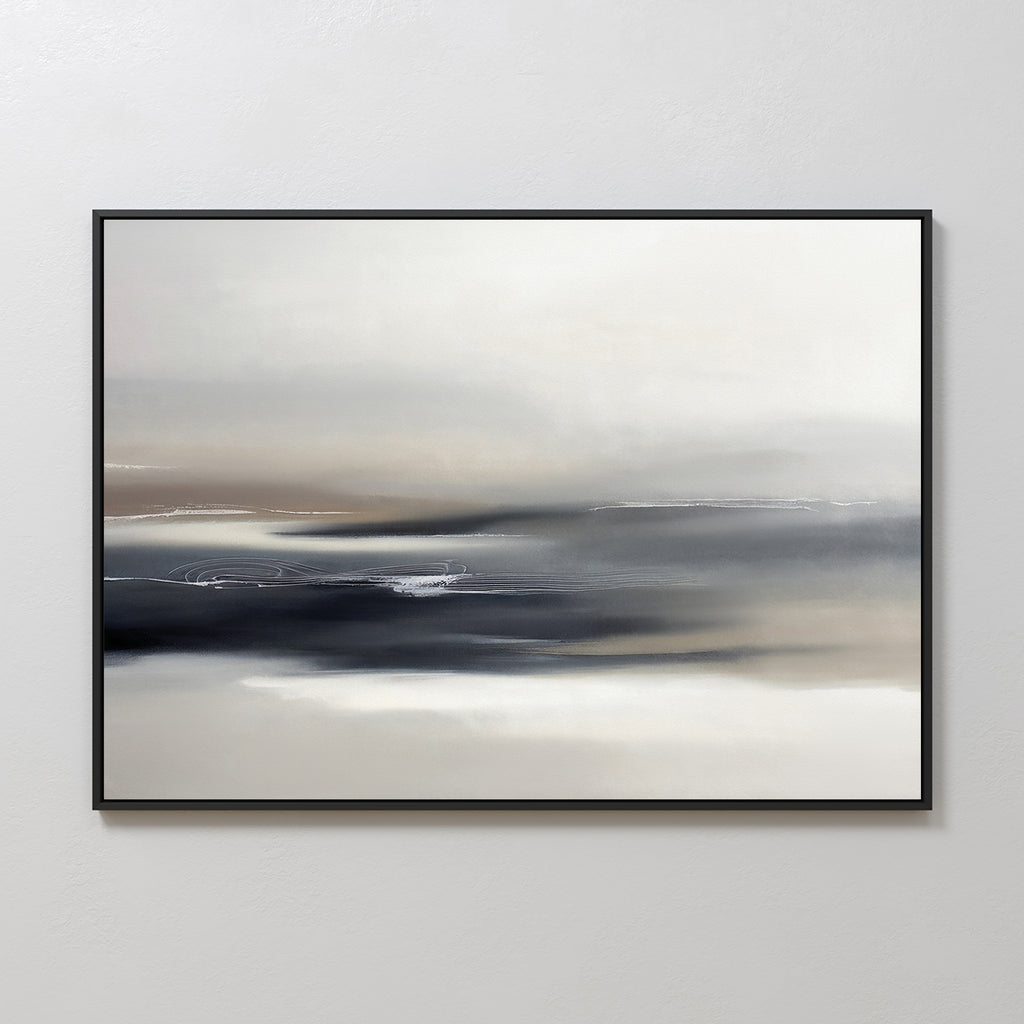 The Grey Ripples Canvas Art - Horizontal features soft, blended shades of white, gray, black, and brown for a misty, tranquil effect. Framed with a thin black border, it’s ideal for adding minimalist style to modern living rooms.
