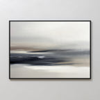 The Grey Ripples Canvas Art - Horizontal features soft, blended shades of white, gray, black, and brown for a misty, tranquil effect. Framed with a thin black border, it’s ideal for adding minimalist style to modern living rooms.