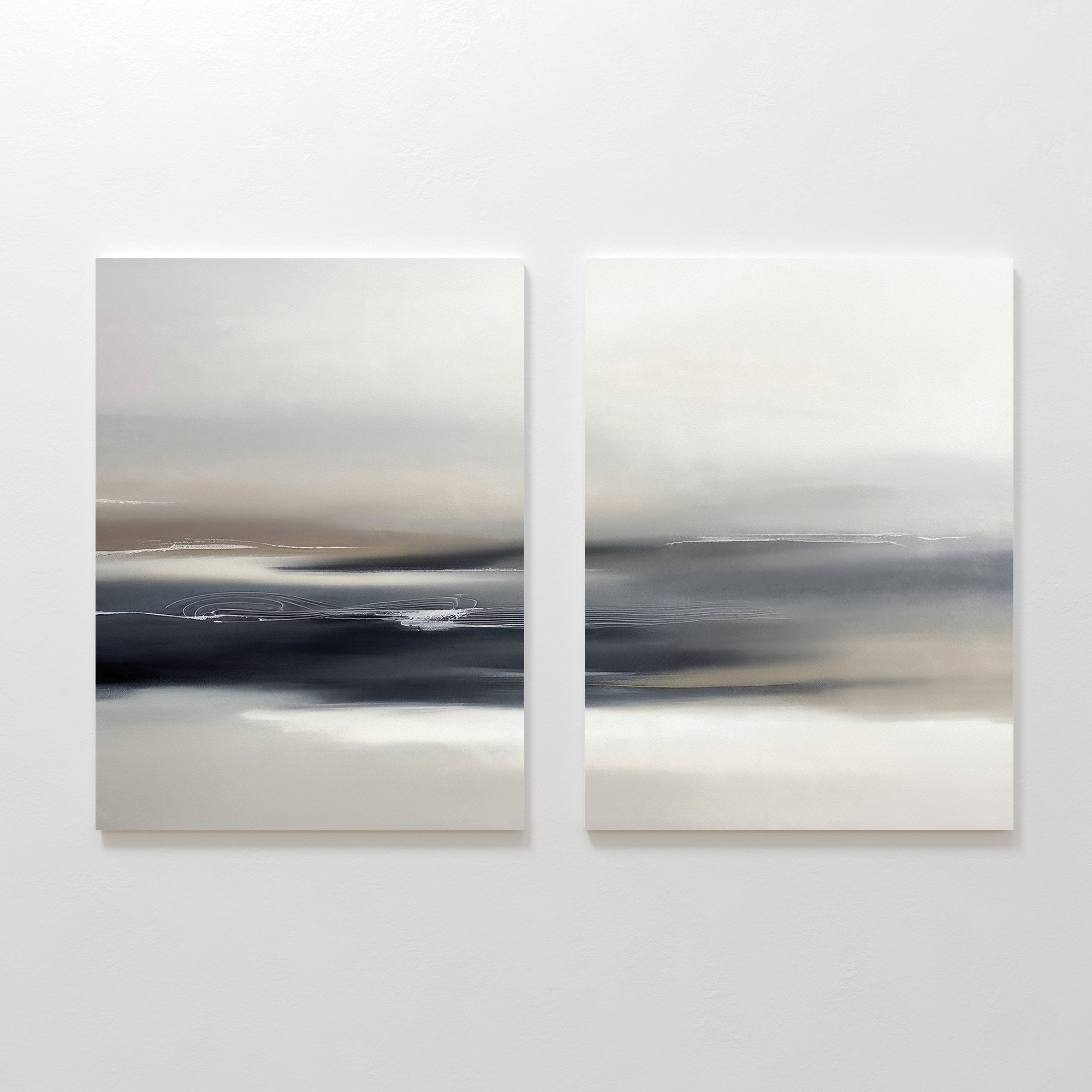 Grey Ripples - Set Of 2 showcases abstract art with soft blends of white, gray, and beige, featuring gentle horizontal lines and subtle gradients—ideal for modern living rooms.