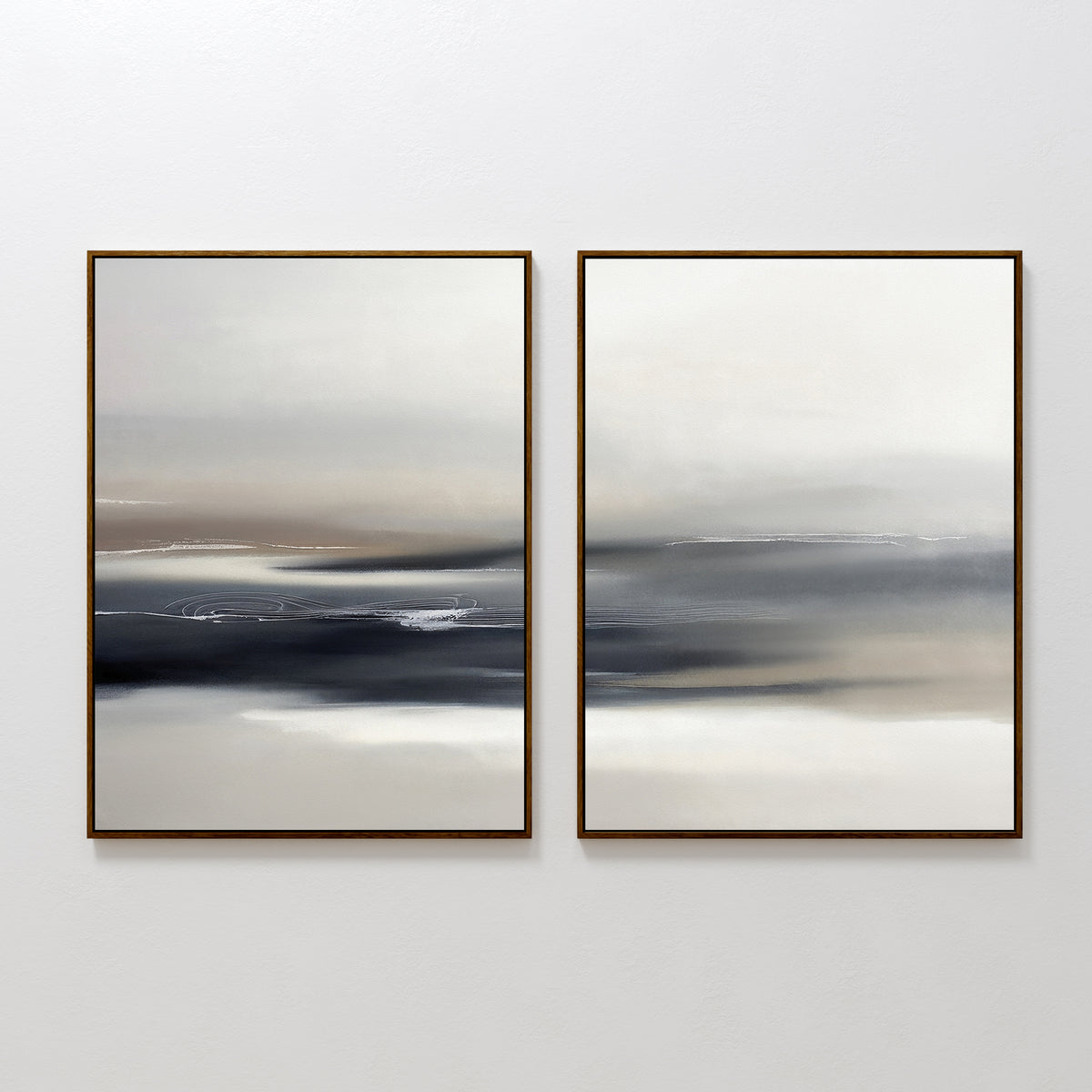 The Grey Ripples - Set Of 2 features abstract paintings in neutral tones with gentle horizontal lines and soft gradients, framed in thin dark borders—ideal minimalist artwork for modern living rooms, hung side by side on a white wall.