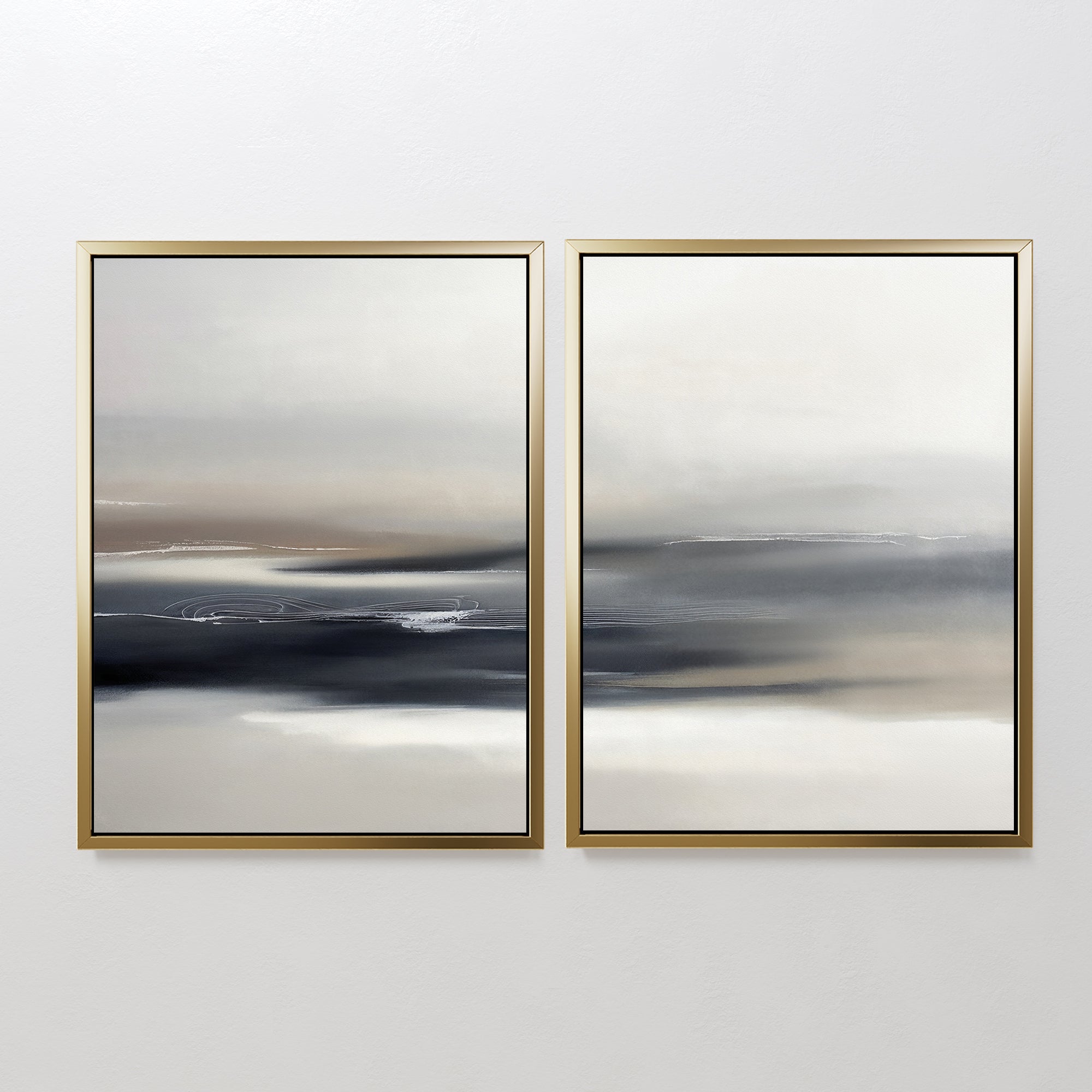 Grey Ripples - Set Of 2 features abstract prints in gold frames, blending gray, black, white, and beige tones. These minimalist artworks evoke a calm landscape, perfect for adding modern elegance to your living room.