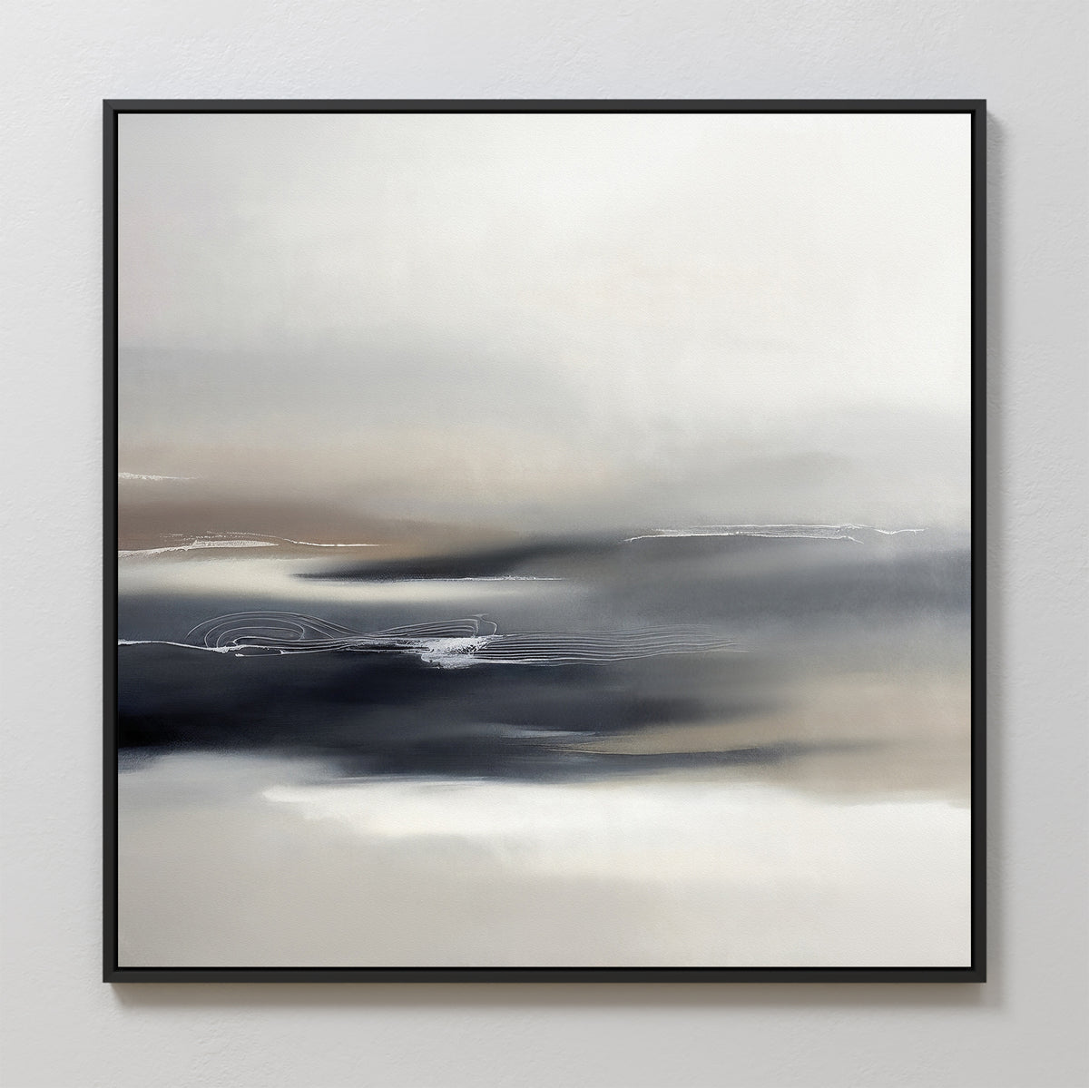 Grey Ripples Canvas Art - Square showcases soft, blurred shades of white, gray, beige, and black with subtle horizontal lines—a sleek minimalist piece ideal for modern living rooms when framed in black on a light wall.