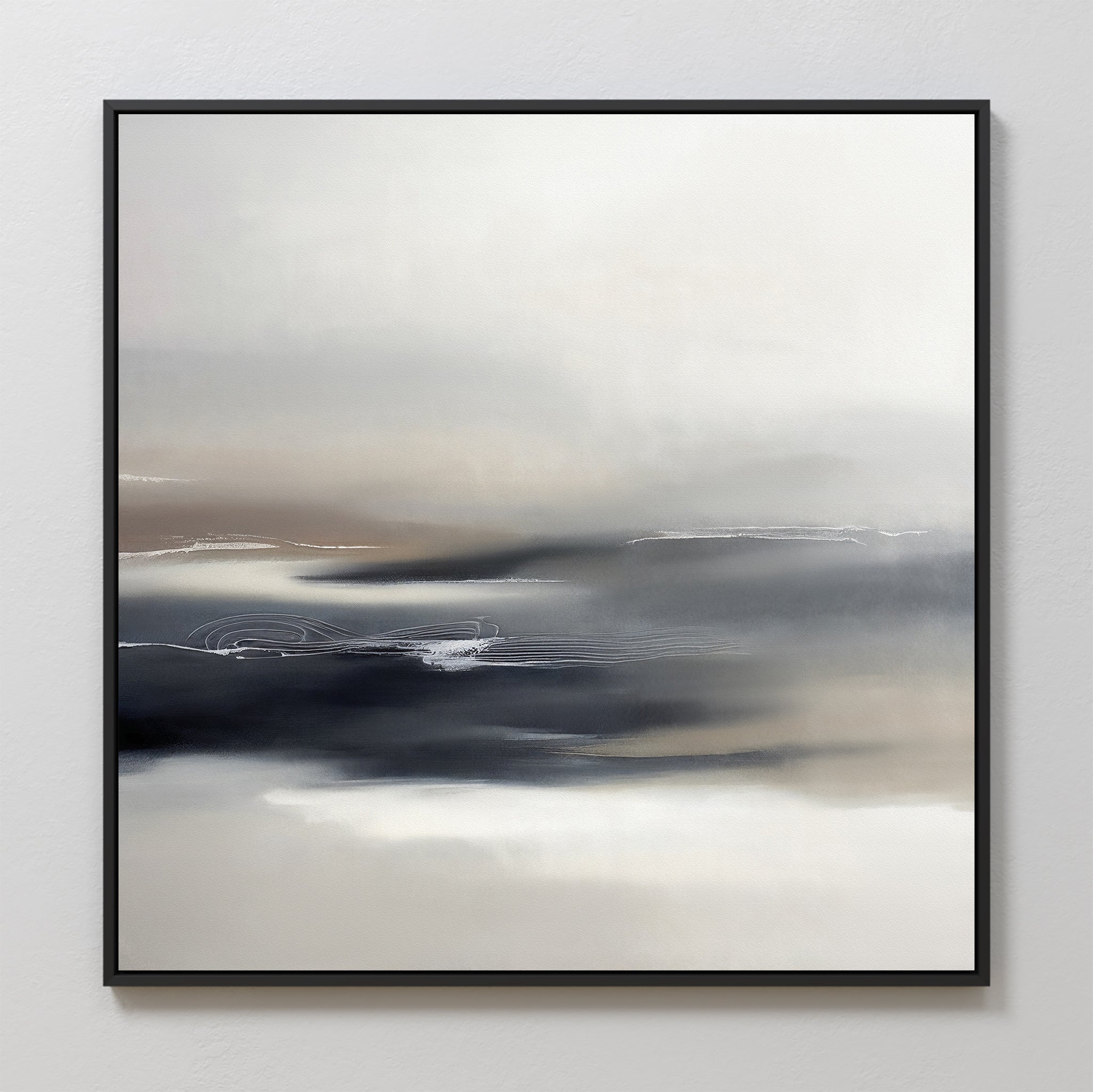 Grey Ripples Canvas Art - Square showcases soft, blurred shades of white, gray, beige, and black with subtle horizontal lines—a sleek minimalist piece ideal for modern living rooms when framed in black on a light wall.