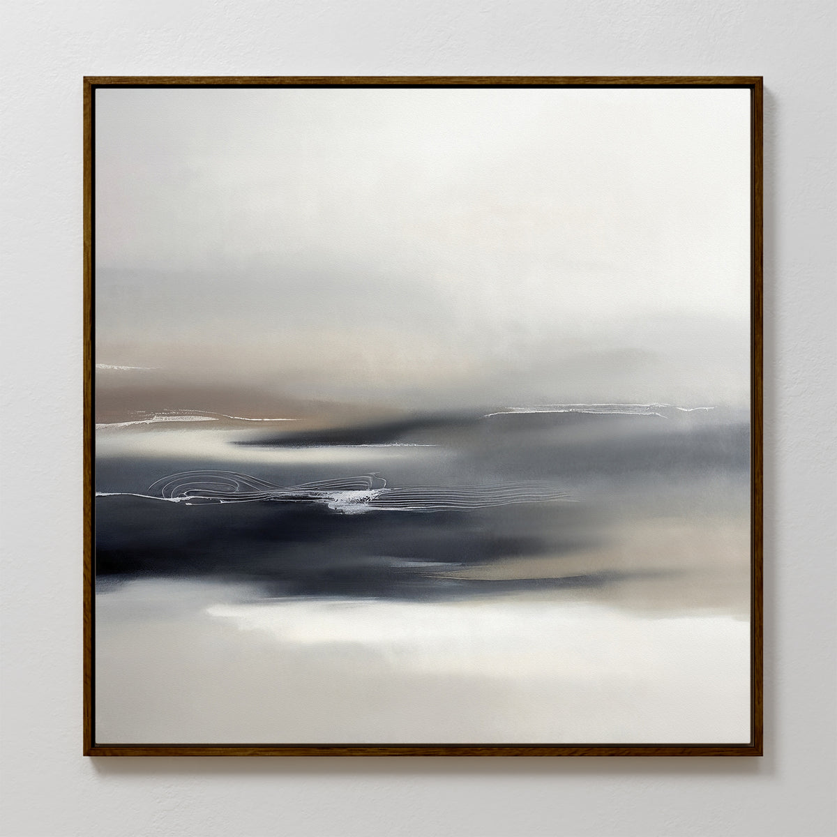 The Grey Ripples Canvas Art - Square features soft, blended shades of gray, white, and beige with subtle swirls and horizontal brushstrokes. Framed in a slim dark wood, this minimalist piece brings a calming touch to modern living rooms.