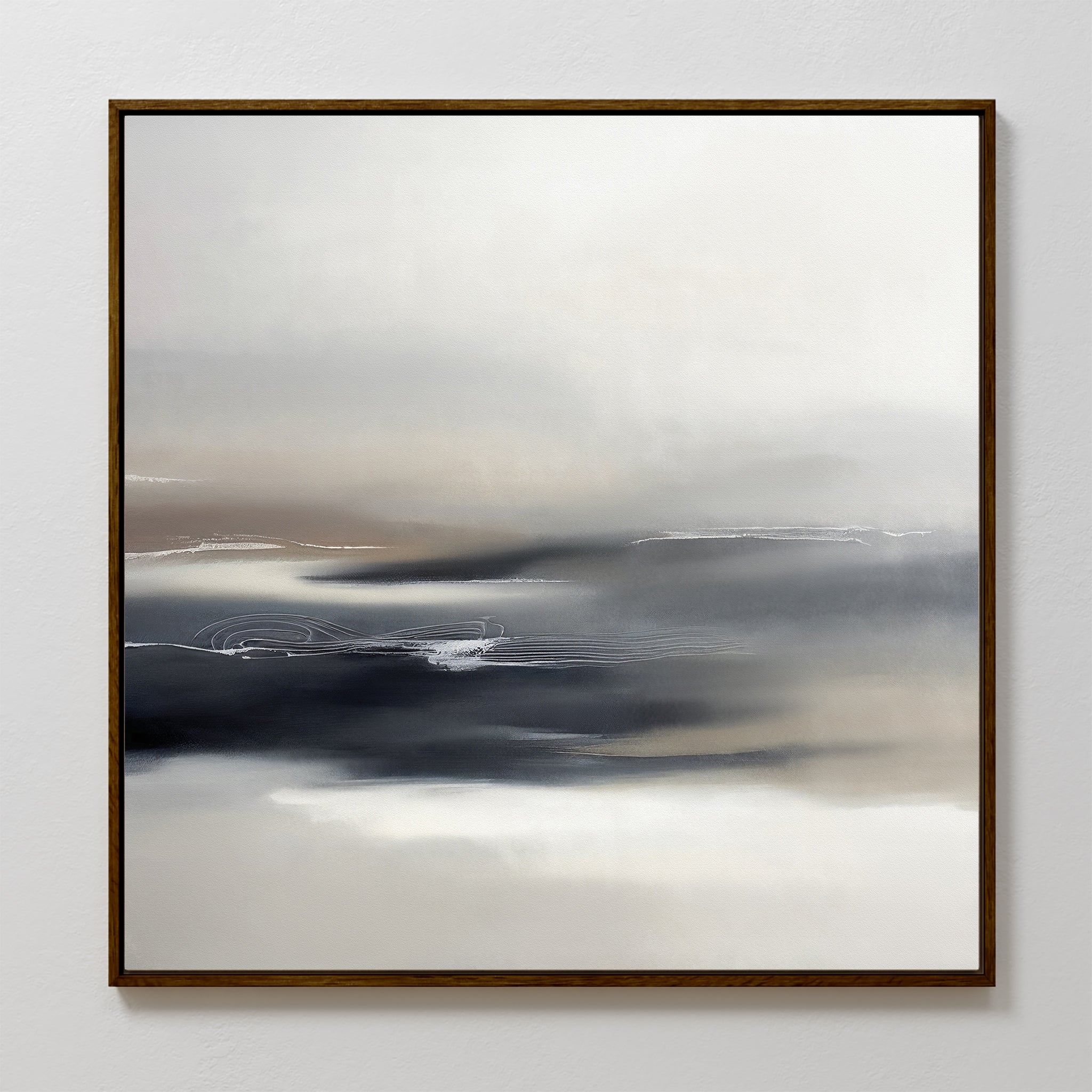 The Grey Ripples Canvas Art - Square features soft, blended shades of gray, white, and beige with subtle swirls and horizontal brushstrokes. Framed in a slim dark wood, this minimalist piece brings a calming touch to modern living rooms.
