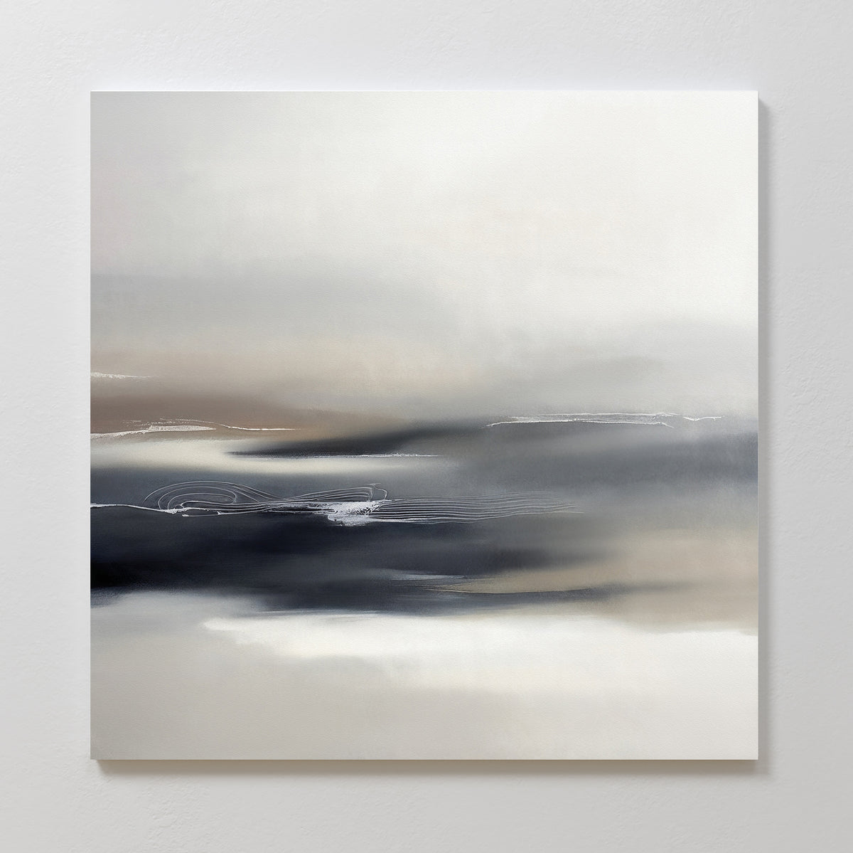 Grey Ripples Canvas Art - Square features soft, blurred shades of white, gray, and muted brown with thin white lines. This abstract artwork creates a misty, tranquil feel—perfect as a minimalist print to enhance the calm ambiance of modern living rooms.
