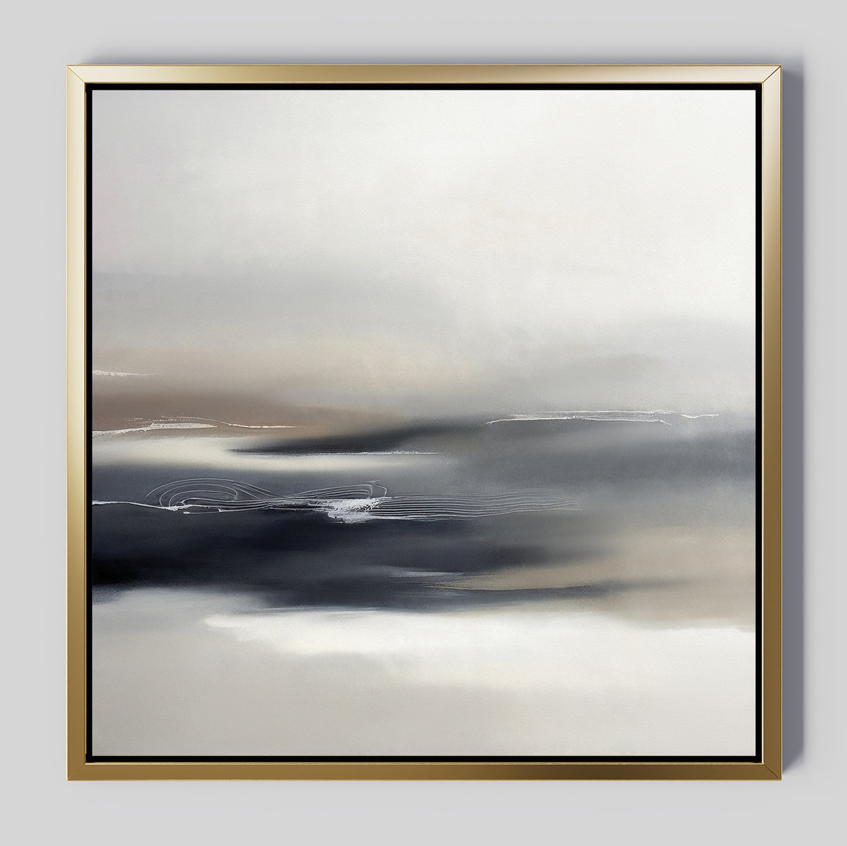 The Grey Ripples Canvas Art - Square features abstract artwork with soft, blurred shades of gray, white, and beige in gentle horizontal lines, framed in thin gold—ideal for modern living rooms with light gray walls.