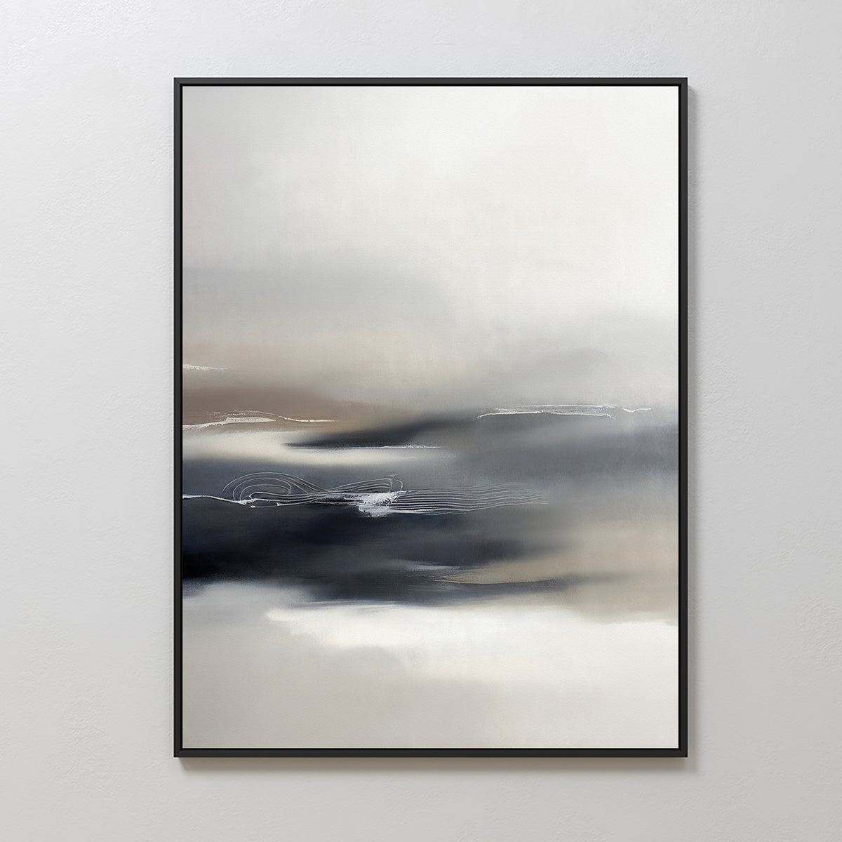 Grey Ripples Canvas Art - Vertical features soft, blurred areas of white, gray, and black with hints of brown. Gentle gradients and subtle horizontal lines create a serene look, making it perfect for modern living rooms.