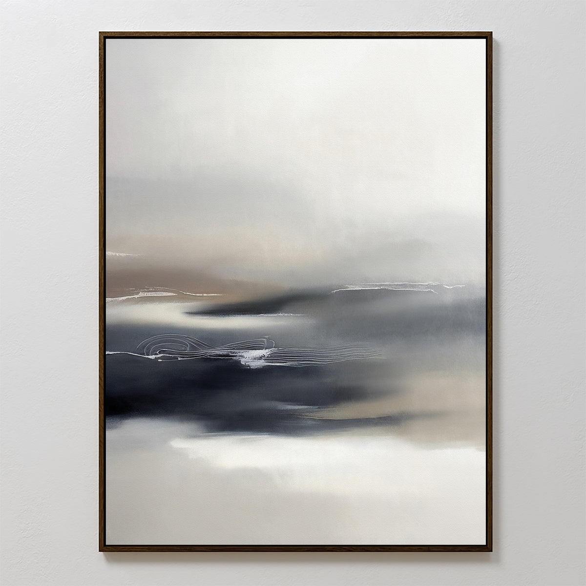 Grey Ripples Canvas Art - Vertical features soft gradients of white, gray, and beige with fluid, misty shapes and subtle horizontal lines, offering a minimalist print that brings a serene touch to any modern living room.