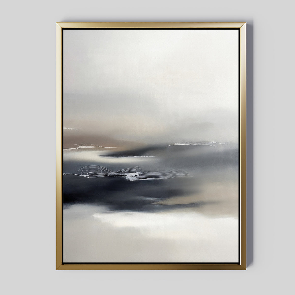 The Grey Ripples Canvas Art - Vertical features soft, blended shades of white, gray, and black with wispy brushstrokes. This framed abstract piece adds a modern minimalist touch to living rooms, especially against a light gray wall.