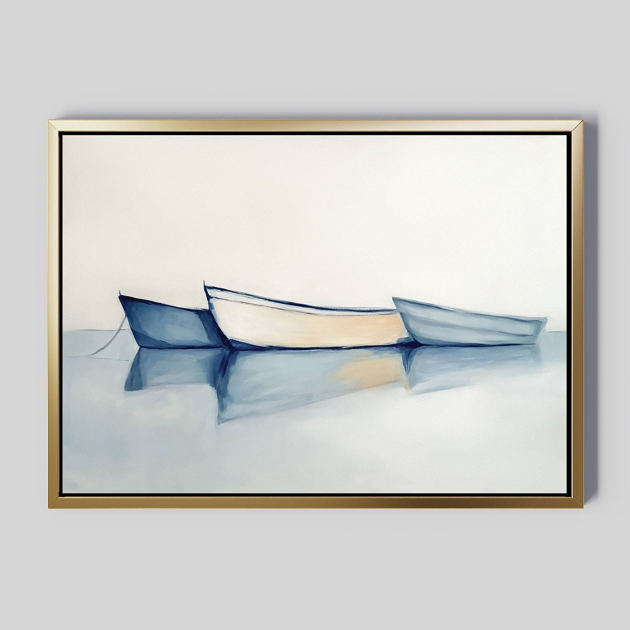 The Harbor Rest Canvas Art - Horizontal features a minimalist maritime scene with three boats—two blue, one white—on calm water, soft reflections, and a gold frame, creating a soothing accent against light gray walls.