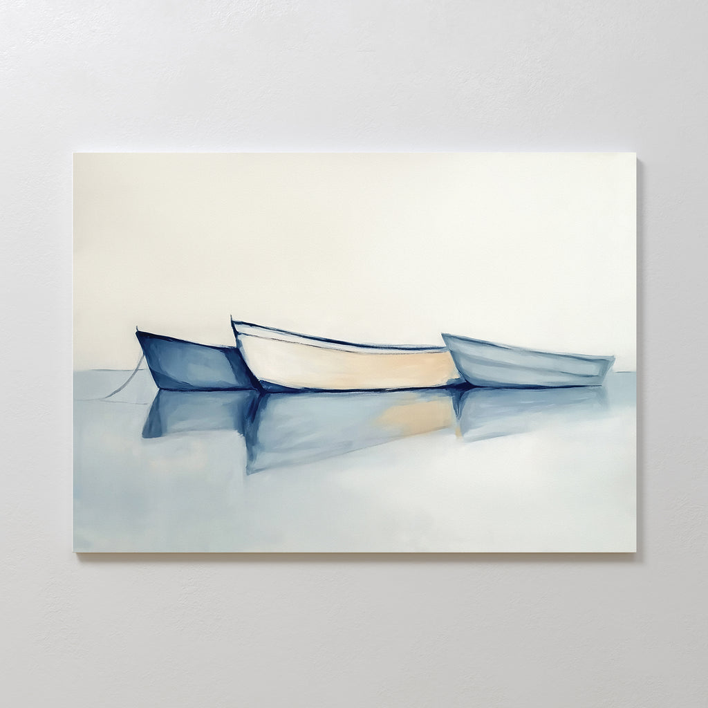 Harbor Rest Canvas Art - Horizontal features a minimalist maritime scene with three small rowboats—blue, cream, and light blue—floating on calm water, their reflections and pale background creating tranquil, calming decor.