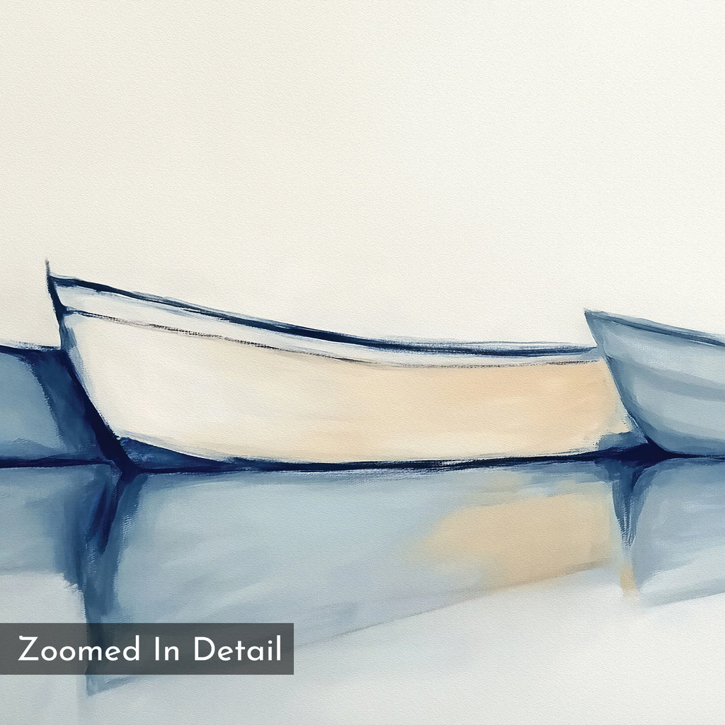 Harbor Rest Canvas Art - Horizontal features a minimalist maritime scene of two boats on calm water in blue and beige tones with gentle reflections. "Zoomed In Detail" appears at the bottom left, making it ideal for calming decor.