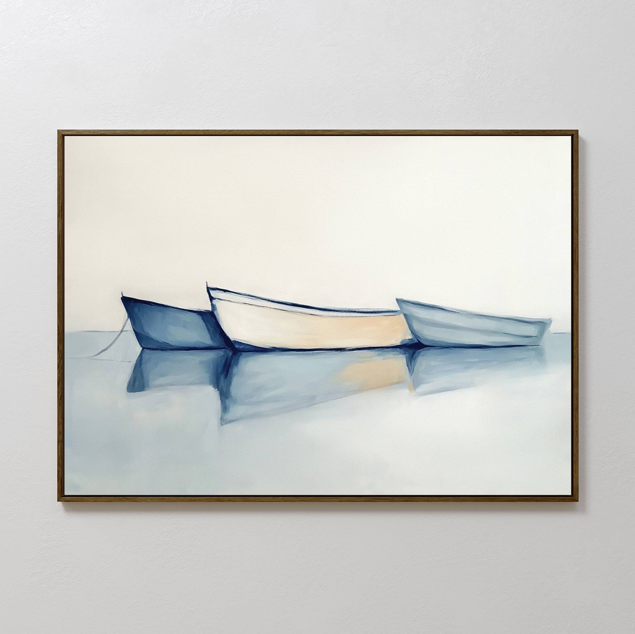 The Harbor Rest Canvas Art - Horizontal features three rowboats floating on tranquil water in soft blue and white tones, accented with subtle reflections—perfect as calming, minimalistic coastal wall decor for any space.