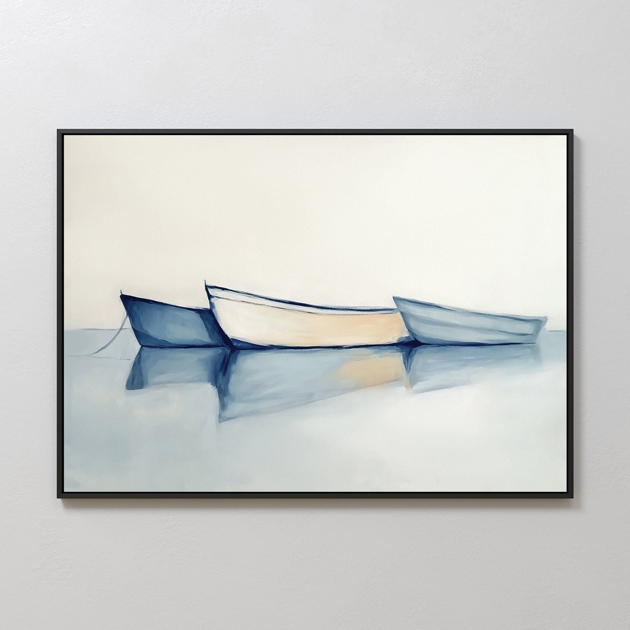 Bring tranquility to your space with the Harbor Rest Canvas Art - Horizontal, featuring three small boats on serene water in soft blue, white, and gray tones—a peaceful and minimalist framed maritime print.