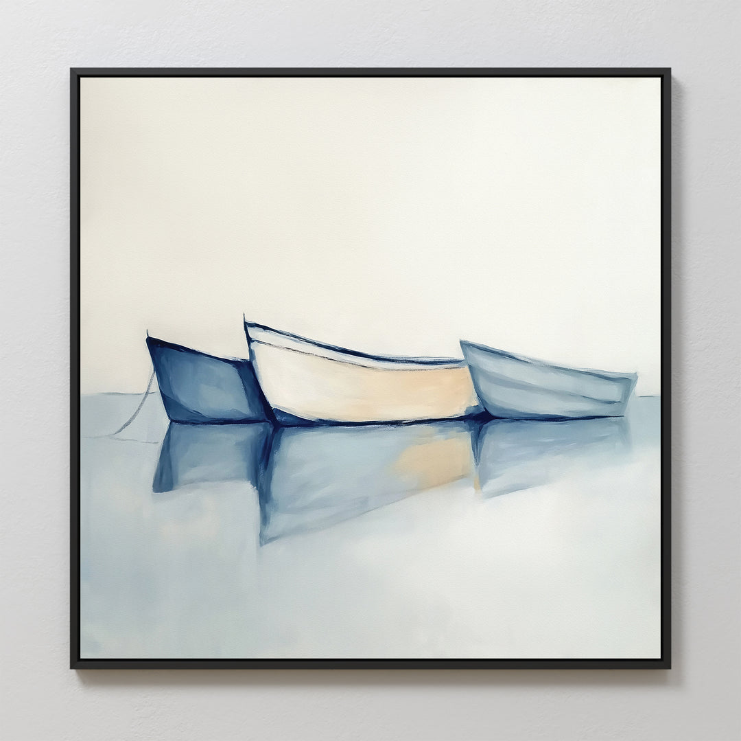 The Harbor Rest Canvas Art - Square features three rowboats in blue and cream on calm water with soft reflections and a neutral backdrop, creating a serene, minimalist look—ideal for calming home decor.