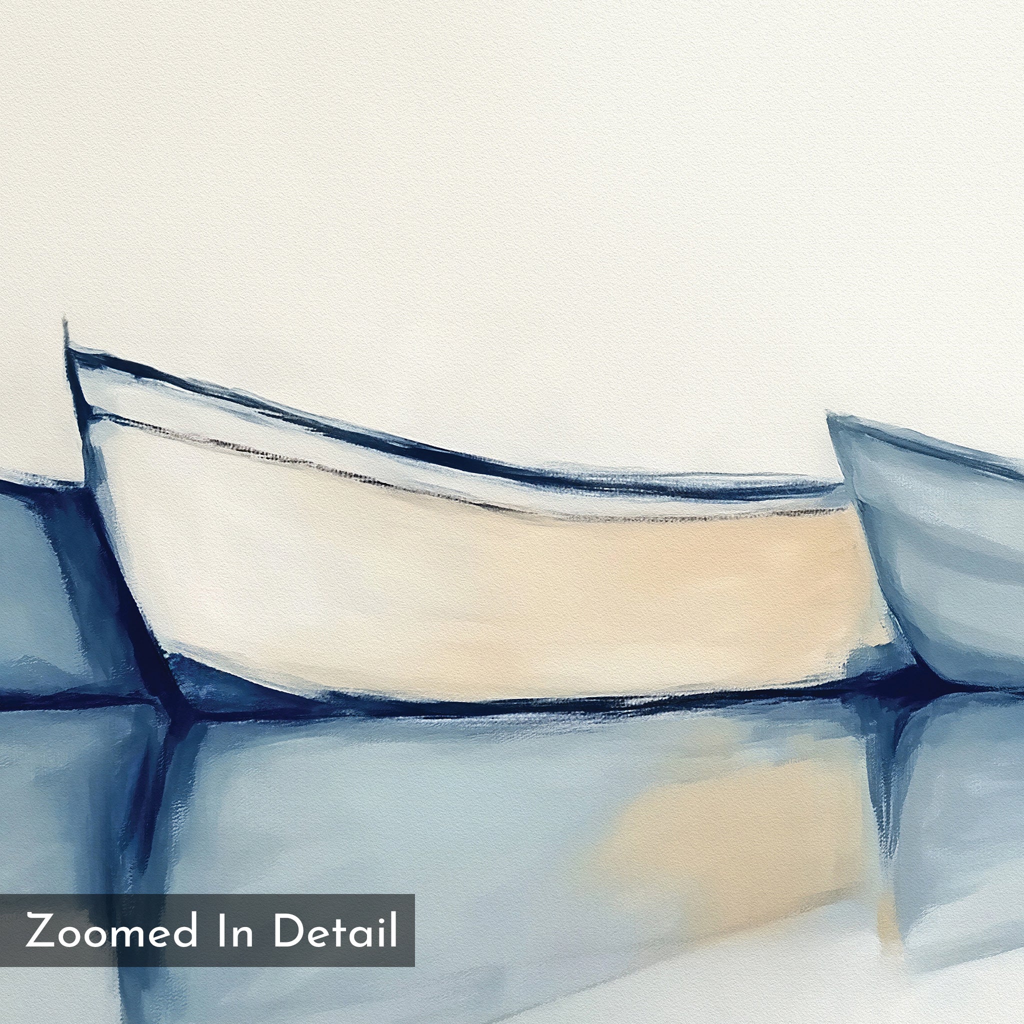 Harbor Rest Canvas Art - Square: Minimalist coastal wall art of two boats in soft blue and beige, their reflections in calm water. Abstract brushstrokes create a serene vibe—perfect calming home decor. Corner text: Zoomed In Detail.