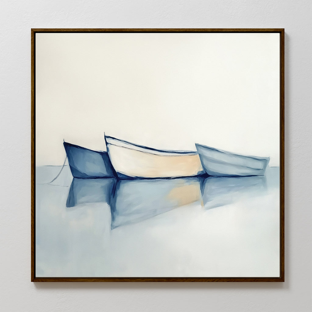 Harbor Rest Canvas Art - Square features three rowboats floating on serene water in soft blue and cream tones, with gentle reflections and a hazy backdrop—ideal coastal wall art for a calming, minimalist home decor touch.