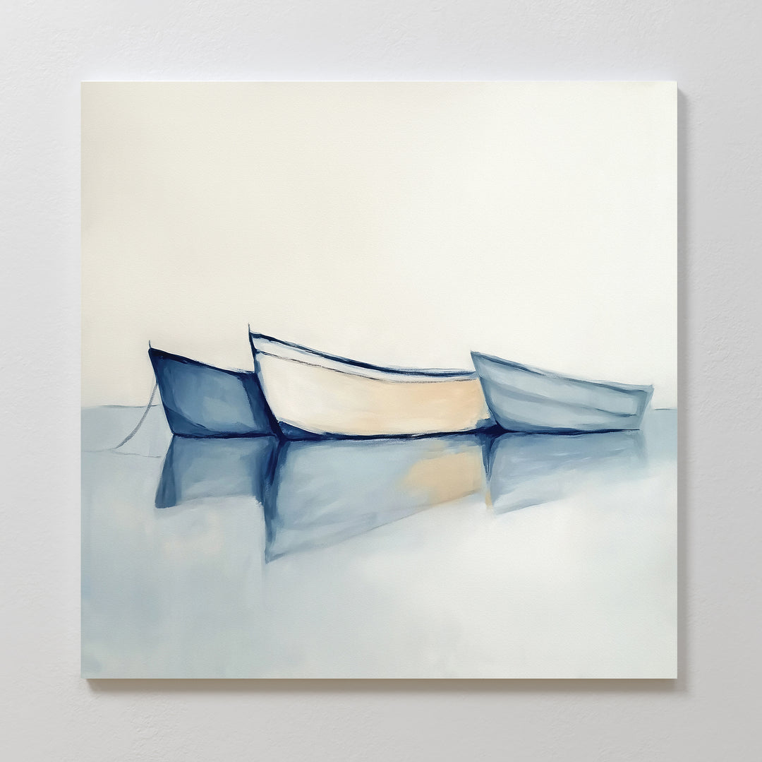 The Harbor Rest Canvas Art - Square features three boats floating on tranquil water in soft blue and beige tones, making it an ideal piece of minimalist coastal wall art for soothing, calming home decor.