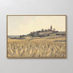 The "Harvest Chapel Canvas Art - Horizontal" is a framed rustic wall art depicting a golden wheat field, rolling hills, and a hilltop church with houses under a pale sky—ideal for pastoral home decor.