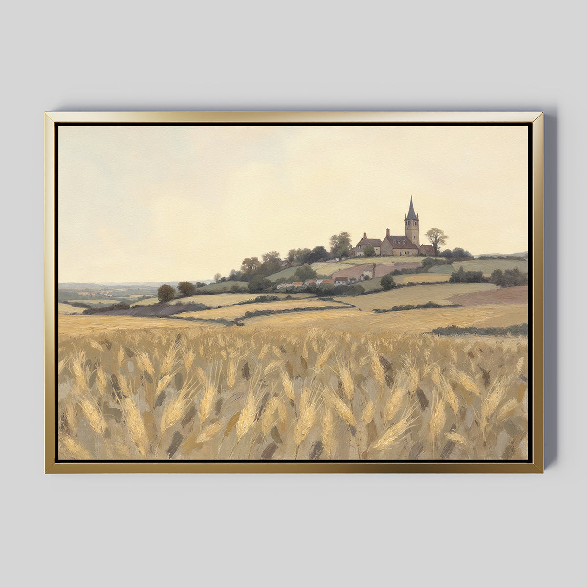 The Harvest Chapel Canvas Art - Horizontal features a golden wheat field, rolling hills, and a hilltop church beneath a pale cloudy sky—ideal rustic wall art.