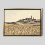 The Harvest Chapel Canvas Art - Horizontal features a golden wheat field, rolling hills, and a hilltop church beneath a pale cloudy sky—ideal rustic wall art.