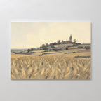 The Harvest Chapel Canvas Art - Horizontal features a golden wheat field with rolling hills, trees, and a church steeple under a pale sky—ideal rustic wall art to enhance any pastoral home decor.