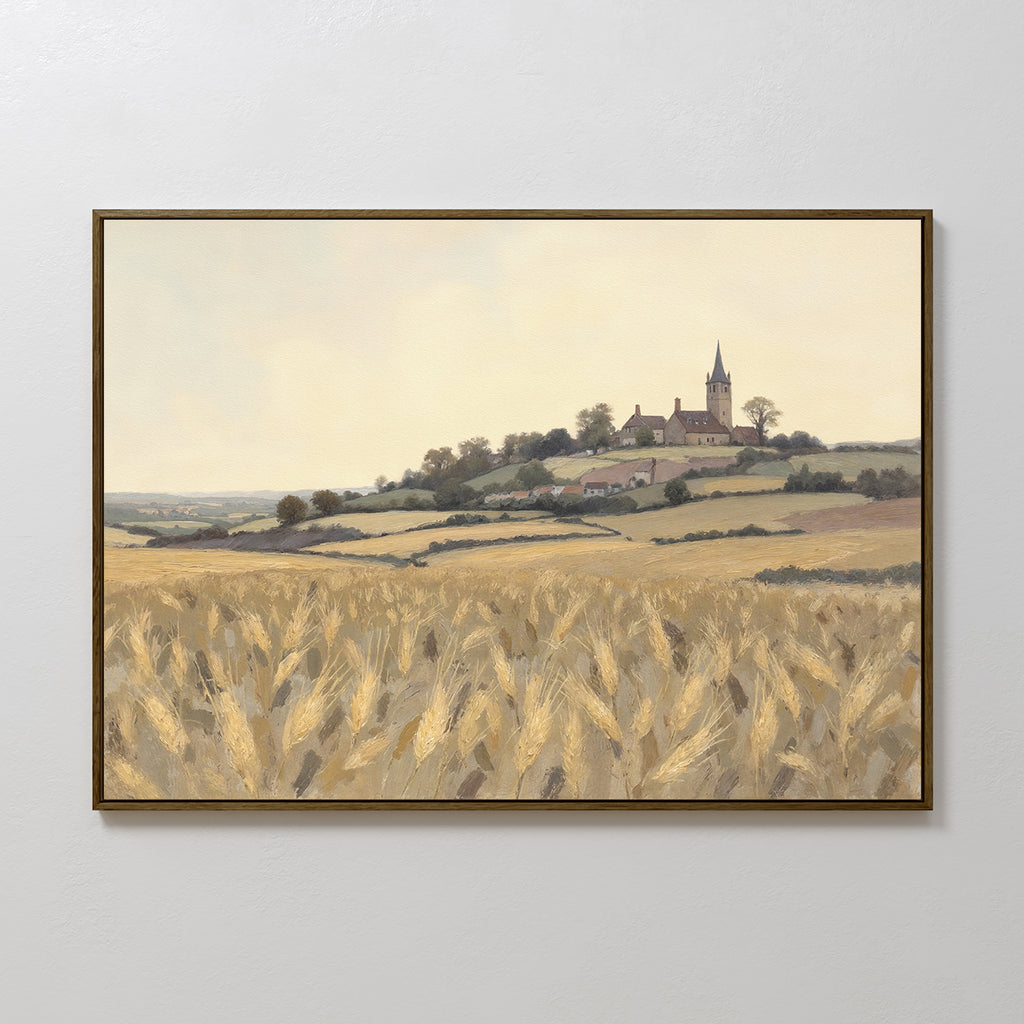 The Harvest Chapel Canvas Art - Horizontal showcases a golden wheat field, rolling hills, and a steepled church under a hazy sky—ideal rustic wall art for pastoral home decor.