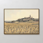 The Harvest Chapel Canvas Art - Horizontal showcases a golden wheat field, rolling hills, and a steepled church under a hazy sky—ideal rustic wall art for pastoral home decor.